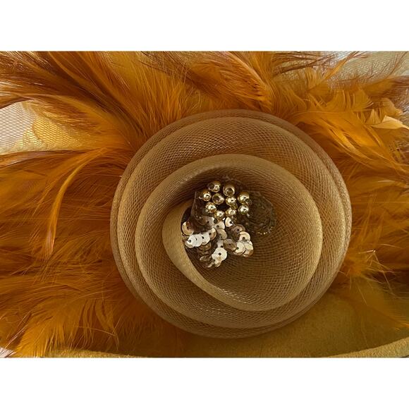 Vintage Deborah New York Mustard Yellow Wool Hat, Feathers, Beading, Church - Picture 7 of 13